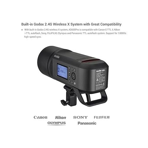  Godox AD600Pro 600Ws 2.4G Wireless X TTL GN87 1/8000s High Speed SYNC Outdoor Flash Strobe Light 28.8V/2600mAh Rechargeable Lithium Battery to Provide 360 Full Power Flashes 0.01~0.9s Recycle Time