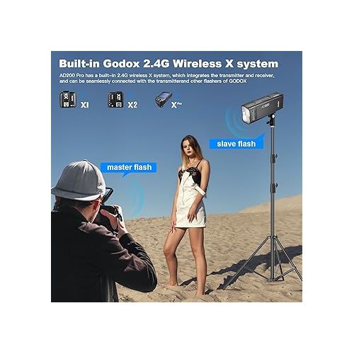  Godox AD200 200Ws 2.4G TTL Speedlite Flash Strobe 1/8000 HSS Monolight with 2900mAh Lithium Battery and Bare Bulb Flash Head to Provide 500 Full Power Flashes Recycle in 0.01-2.1 Second