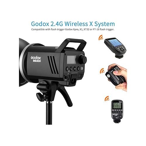  Godox MS300 Compact 300W Studio Flash,Small and Portable 2.4G Wireless X System GN58 5600K Monolight with Bowens Mount 150W Modeling Lamp, 0.1-1.3s Recycle Time Outstanding Output Stability