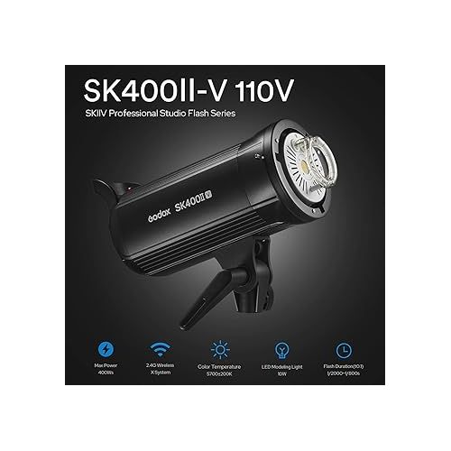  GODOX SK400II-V （2024 New Upgrade） 400Ws Bowens Mount Photo Studio 5600±200K Strobe Light Built-in 2.4G Wireless X System with LED Modeling Lamp Bowens Mount Photography Flashes