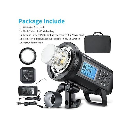  Godox AD400 Pro AD400Pro Outdoor Flash Strobe, Portable 400W 2.4G TTL 1/8000 HSS Monolight, 0.01-1s Recycle, 30W LED Modeling Lamp with Rechargeable Battery and Bowens Mount