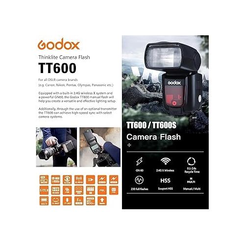  Godox TT600 2.4G Wireless Camera Flash Speedlite with Diffuser, Master/Slave GN60 Manual Flash, HSS when paired off camera with Godox X Trigger System for Canon Nikon Pentax Olympus Fujifilm Panasonic