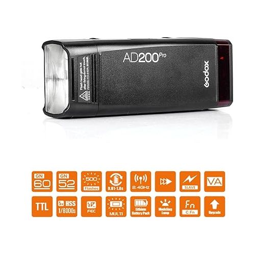  GODOX AD200 Pro AD200Pro 200Ws 2.4G Flash Strobe, 1/8000 HSS, 500 Full Power Flashes, 0.01-1.8s Recycling, 2900mAh Battery, Bare Bulb/Speedlite Fresnel Flash Head Pocket Flash Monolight