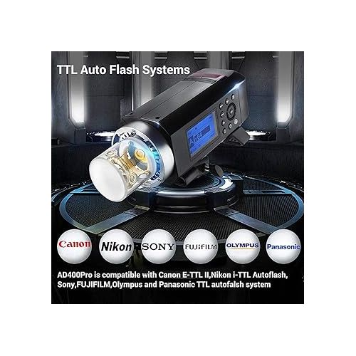  Godox AD400 Pro AD400Pro Outdoor Flash Strobe Light, 400W TTL Portable Flash Monolight 1/8000s HSS Speedlite, Rechargeable Li-ion Battery, 30W LED Modeling Lamp, 0.01-1s Recycle, 390 Full Power Pops