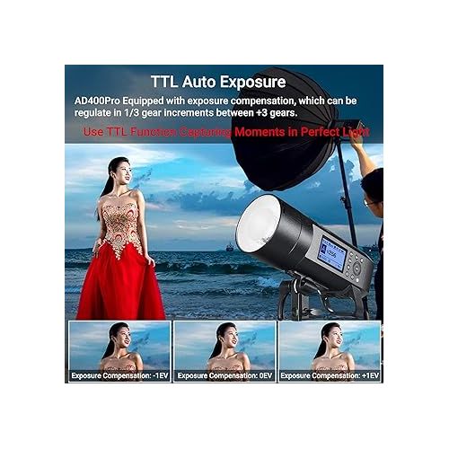  Godox AD400 Pro AD400Pro Outdoor Flash Strobe Light, 400W TTL Portable Flash Monolight 1/8000s HSS Speedlite, Rechargeable Li-ion Battery, 30W LED Modeling Lamp, 0.01-1s Recycle, 390 Full Power Pops