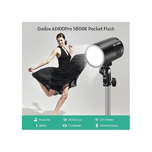  GODOX AD100Pro Pocket Studio Flash Light Photography Light OLED Screen 5800K 1/8000s Sync TTL/Multi/M Flash Built-in 2.4G Wilreless X System 5 Groups 32 Channels with Rechargeable 2600mAh Battery