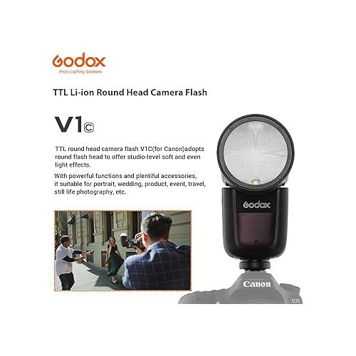  Godox V1 V1-C V1C Round Head Camera Flash for Canon, 2.4G Wireless Canon Speedlite, TTL 1/8000s HSS Speedlight for Canon, 2600mAh Li-ion Battery, 480 Full Power Shots, 10 Levels LED Modeling Lamp