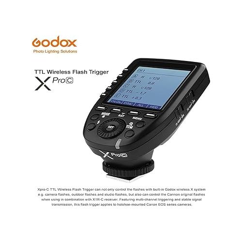  Godox Xpro-C TTL Wireless Flash Trigger for Canon 1/8000s HSS TTL-Convert-Manual Function Large Screen Slanted Design 5 Dedicated Group Buttons 11 Customizable Functions