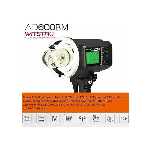  Godox AD600BM Bowens Mount 600Ws GN87 HSS Outdoor Flash Strobe Light with 2.4G Wireless X System, 8700mAh Battery, W/Godox CB-09 Carrying Bag and Godox PB-600 Portable Flash Bag