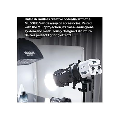  Godox ML60II Bi 70W Video Light, Bi-Color 2800-6500K, CRI≥96 TLCI≥97, 11 FX Light Effects, Bluetooth App Control Godox Mount Lights for Live Streaming, Interview, Still Life Photography, etc