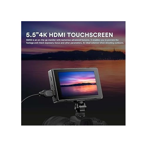  Godox GM55 5.5 Inch IPS Touch Screen On-Camera Monitor 1920 x 1080 IPS Screen Support 4K HDMI Output Compatible 3D LUT Rec.709 Compatible with F550/F750/F970