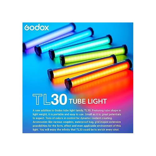  Godox TL30-K2 RGB LED Light Full-Color, Tube Light Wand CRI97 TLCL99,2700K-6500K Adjustable, Magnet Design (Godox TL30 Two lamp kit)