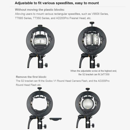  Godox S2 Speedlite S-Type Bracket Bowens Mount Flash Holder for Godox V1 AD200Pro AD400Pro AD200 and other Flashes, Precise Tilt Control, Large Handle, Integrated Umbrella Mount wi