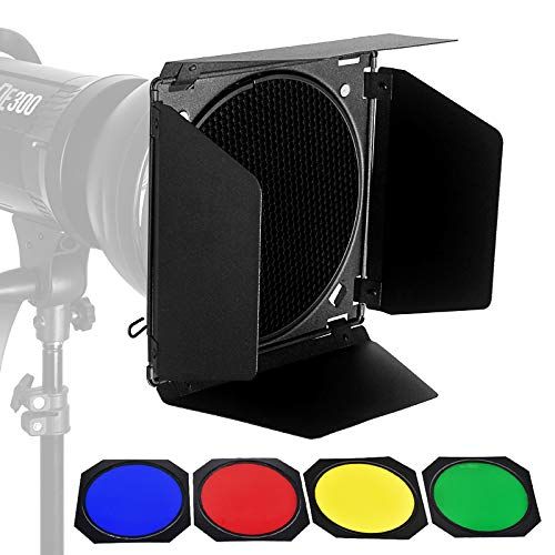  Godox BD-04 Barn Door & Honeycomb Grid &4 Color Gel Filters Compatible for Standard Reflectors Accessories kit