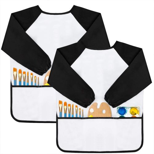  [아마존베스트]GODR7OY Kids Art Smocks, Painting Apron Artist Smock with Sleeve and 3 Pockets 2 Pack Black/White Set for Age 2-6 Years (Small)