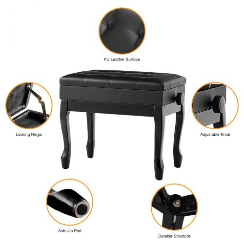 GOFLAME Piano Bench Stool Height Adjustable with Sheet Music Storage, PU Leather Padded Seat and Solid Wooden Legs, Heavy Duty Piano Stool with Anti-Slip Foot Pad, Perfect for Home
