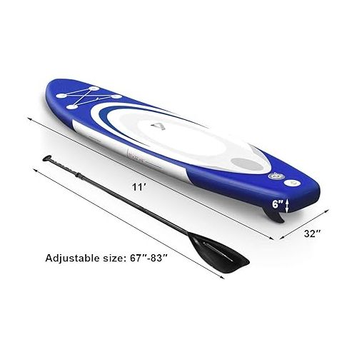  GOFLAME 11' Inflatable Stand up Paddle Board Adjustable Paddle, Leash, Pump and Backpack,Surfboard SUP Board with Pump Repair Kit, 6 Inch Thick (Blue, 11')