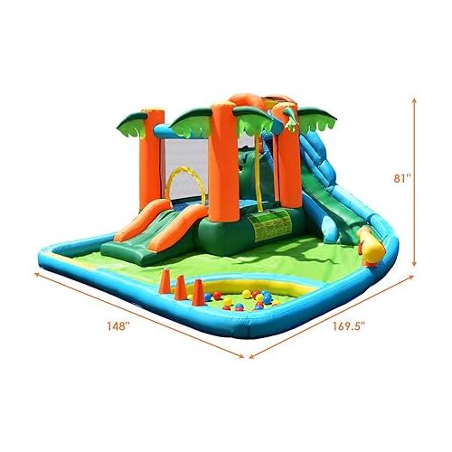  GOFLAME 7 in 1 Inflatable Water Slide, Jungle Theme Inflatable Bounce House with Two Slides, Jumping Area, Large Splash Pool, Water Cannon, Water Slide Pool Water Park for Kids (with 780W Air Blower)