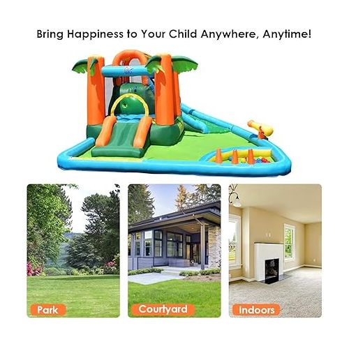  GOFLAME 7 in 1 Inflatable Water Slide, Jungle Theme Inflatable Bounce House with Two Slides, Jumping Area, Large Splash Pool, Water Cannon, Water Slide Pool Water Park for Kids (with 780W Air Blower)