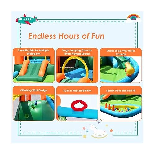  GOFLAME 7 in 1 Inflatable Water Slide, Jungle Theme Inflatable Bounce House with Two Slides, Jumping Area, Large Splash Pool, Water Cannon, Water Slide Pool Water Park for Kids (with 780W Air Blower)