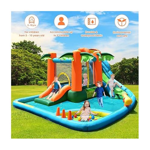  GOFLAME 7 in 1 Inflatable Water Slide, Jungle Theme Inflatable Bounce House with Two Slides, Jumping Area, Large Splash Pool, Water Cannon, Water Slide Pool Water Park for Kids (with 780W Air Blower)