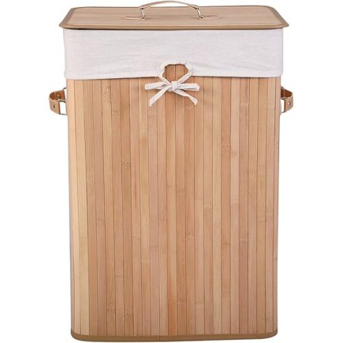  GOFLAME Bamboo Laundry Hamper Portable, Dirty Clothes Storage Basket with Lid and Removable Liner, Large Storage Clothes Bin with Handles, Suitable for Bedroom, Bathroom, Kid's Room (Natural)