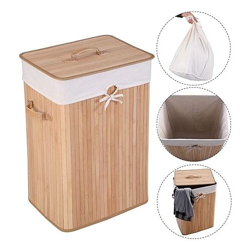  GOFLAME Bamboo Laundry Hamper Portable, Dirty Clothes Storage Basket with Lid and Removable Liner, Large Storage Clothes Bin with Handles, Suitable for Bedroom, Bathroom, Kid's Room (Natural)