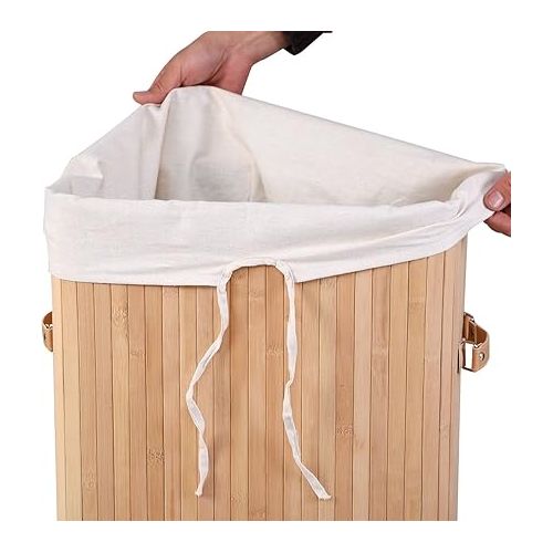  GOFLAME Bamboo Laundry Hamper Portable, Dirty Clothes Storage Basket with Lid and Removable Liner, Large Storage Clothes Bin with Handles, Suitable for Bedroom, Bathroom, Kid's Room (Natural)