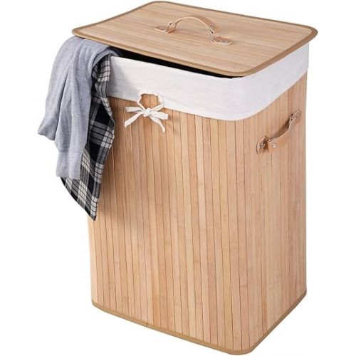  GOFLAME Bamboo Laundry Hamper Portable, Dirty Clothes Storage Basket with Lid and Removable Liner, Large Storage Clothes Bin with Handles, Suitable for Bedroom, Bathroom, Kid's Room (Natural)