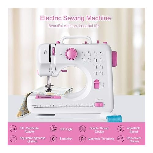  GOFLAME Electric Sewing Machine Portable, Multifunctional 12 Built-in Stitches Sewing Machine with light and Adjustable Sewing Speed, Household Sewing Crafting Machine (Pink+White)