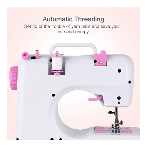  GOFLAME Electric Sewing Machine Portable, Multifunctional 12 Built-in Stitches Sewing Machine with light and Adjustable Sewing Speed, Household Sewing Crafting Machine (Pink+White)