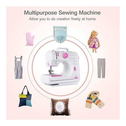  GOFLAME Electric Sewing Machine Portable, Multifunctional 12 Built-in Stitches Sewing Machine with light and Adjustable Sewing Speed, Household Sewing Crafting Machine (Pink+White)