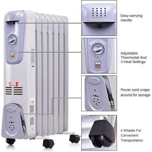  GOFLAME Oil Filled Radiator Heater, 1500W Portable Space Heater with Adjustable Thermostat, Tip-over & Overheated Protection, 3 Heat Settings with Quiet Operation, Electric Heater