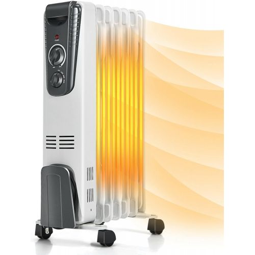  GOFLAME Electric Oil Filled Radiator Heater with Wheels, Portable Space Heater with Adjustable Thermostat, Tip-over & Overheated Protection, Energy Saving Mini Heater for Home and