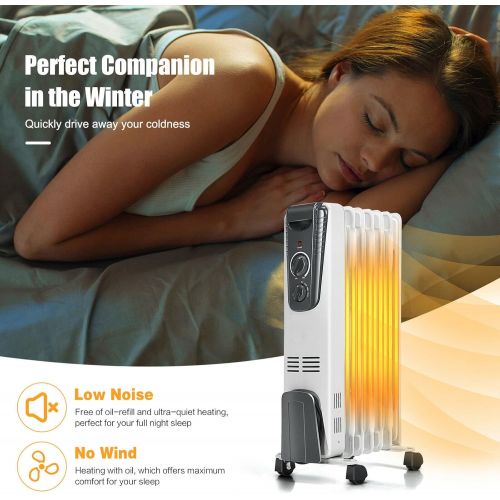  GOFLAME Electric Oil Filled Radiator Heater with Wheels, Portable Space Heater with Adjustable Thermostat, Tip-over & Overheated Protection, Energy Saving Mini Heater for Home and