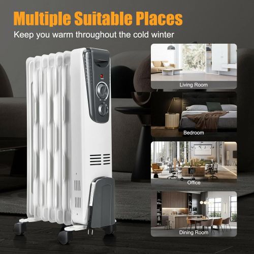  GOFLAME Electric Oil Filled Radiator Heater with Wheels, Portable Space Heater with Adjustable Thermostat, Tip-over & Overheated Protection, Energy Saving Mini Heater for Home and