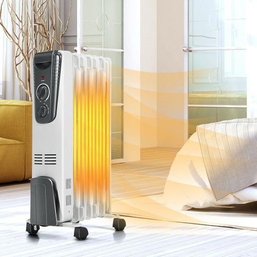  GOFLAME Electric Oil Filled Radiator Heater with Wheels, Portable Space Heater with Adjustable Thermostat, Tip-over & Overheated Protection, Energy Saving Mini Heater for Home and