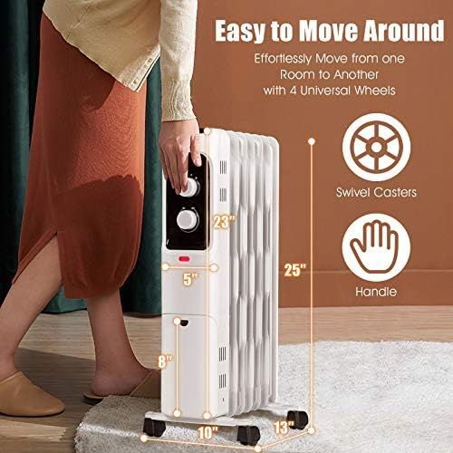  GOFLAME 1500W Oil Filled Radiator Heater, Electric Space Heater with 3 Heating Modes, Adjustable Thermostat, Tip-Over & Overheat Protection, Powerful Oil Heater for Home and Office