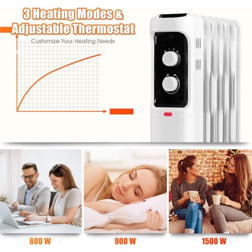  GOFLAME 1500W Oil Filled Radiator Heater, Electric Space Heater with 3 Heating Modes, Adjustable Thermostat, Tip-Over & Overheat Protection, Powerful Oil Heater for Home and Office