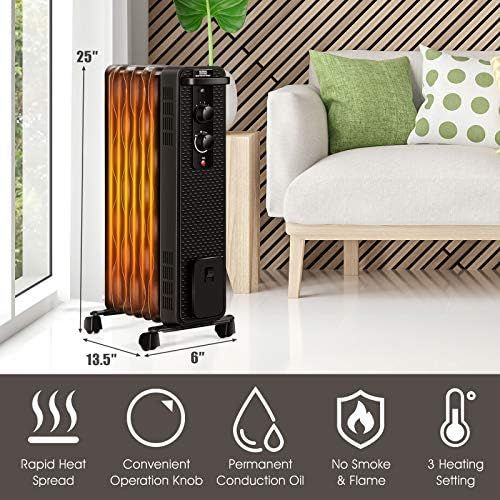  GOFLAME 1500W Oil Filled Radiator Heater Portable, Powerful Space Heater w/ 3 Heating Modes & Adjustable Thermostat, Tip-Over & Overheat Protection, Electric Heater for Home Office