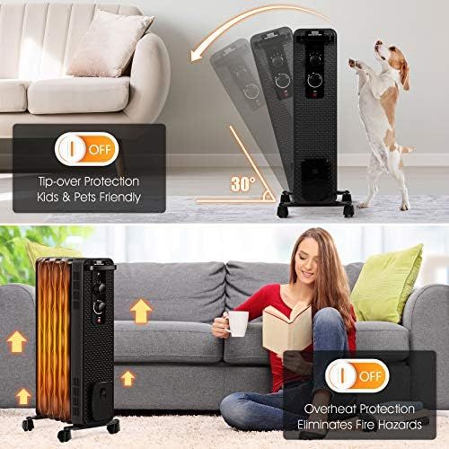  GOFLAME 1500W Oil Filled Radiator Heater Portable, Powerful Space Heater w/ 3 Heating Modes & Adjustable Thermostat, Tip-Over & Overheat Protection, Electric Heater for Home Office