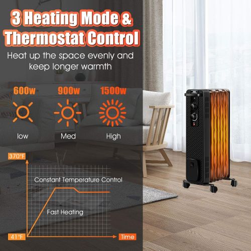  GOFLAME 1500W Oil Filled Radiator Heater Portable, Powerful Space Heater w/ 3 Heating Modes & Adjustable Thermostat, Tip-Over & Overheat Protection, Electric Heater for Home Office