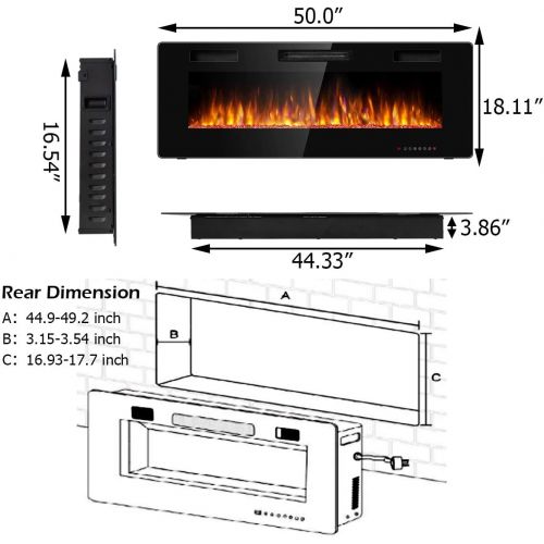  GOFLAME 50 Inch Electric Fireplace Recessed and Wall Mounted, Fireplace Heater in-Wall Built with Remote Control, Timer, Touch Screen, Adjustable Color