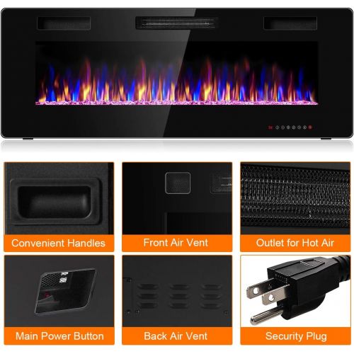  GOFLAME 50 Inch Electric Fireplace Recessed and Wall Mounted, Fireplace Heater in-Wall Built with Remote Control, Timer, Touch Screen, Adjustable Color