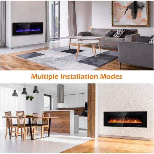  GOFLAME 50 Inch Electric Fireplace Recessed and Wall Mounted, Fireplace Heater in-Wall Built with Remote Control, Timer, Touch Screen, Adjustable Color