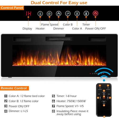 GOFLAME 50 Inch Electric Fireplace Recessed and Wall Mounted, Fireplace Heater in-Wall Built with Remote Control, Timer, Touch Screen, Adjustable Color