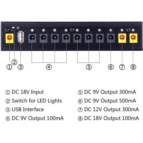  GOKKO AUDIO GK-29 Guitar Pedal Power Supply 10 Isolated Outputs 9V 12V 18V Universal Effect Pedal Power Supplies with Smart Short Circuit and Over Current Protection