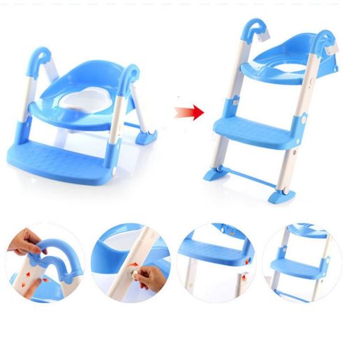  GOLDNCONN Portable and Durable Children Potty Seat with Ladder Kids Toilet Folding Potty Chair Training (Blue L)