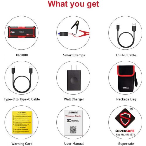  [아마존핫딜][아마존 핫딜] GOOLOO Upgraded 2000A Peak SuperSafe Car Jump Starter with USB Quick Charge 3.0 (Up to 10L Gas or 7L Diesel Engine) 12V Auto Battery Booster Power Pack Type-C Portable Phone Charge