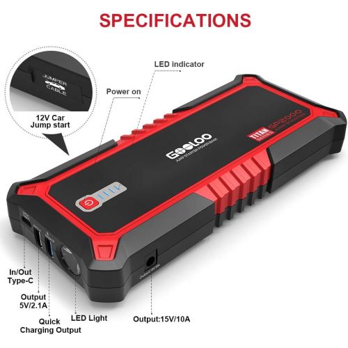  [아마존핫딜][아마존 핫딜] GOOLOO Upgraded 2000A Peak SuperSafe Car Jump Starter with USB Quick Charge 3.0 (Up to 10L Gas or 7L Diesel Engine) 12V Auto Battery Booster Power Pack Type-C Portable Phone Charge